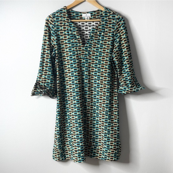 Jude Connally Dress Chain Link Print Geo Brown Blue Catalina Shift Dress Medium - Picture 2 of 15